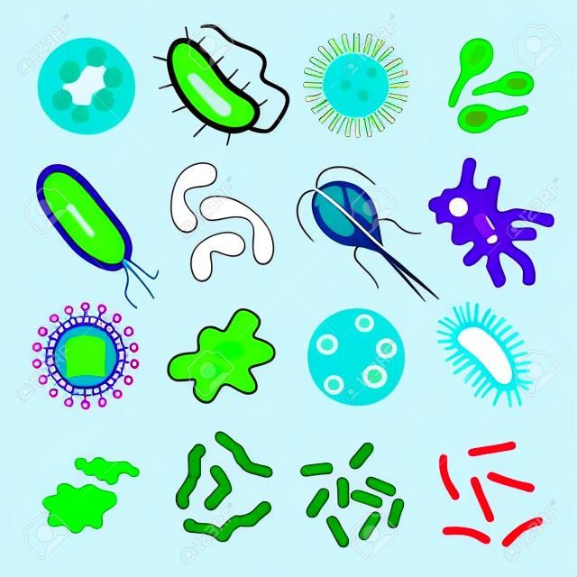 Células de virus Las bacterias y los gérmenes de microorganismos aislados iconos ilustración vectorial