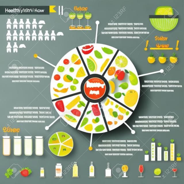 Infográfico de conceito de comida saudável com gráfico de pizza e ilustração vetorial de ícones