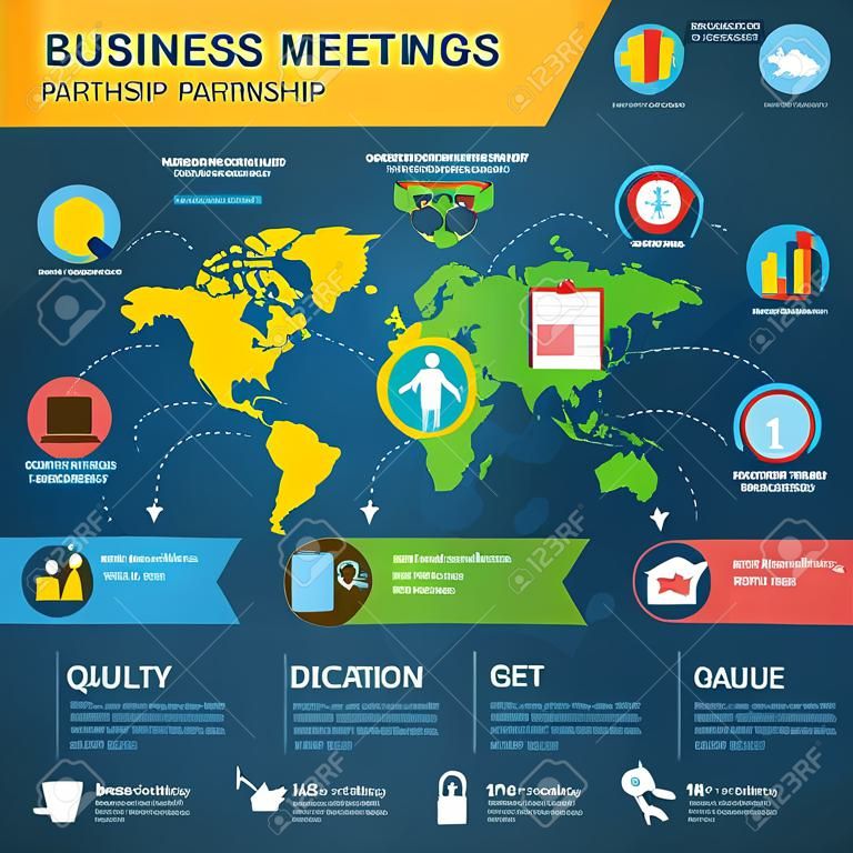 Business meeting partnership infographic set with charts and world map vector illustration