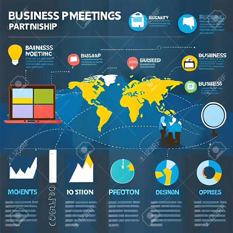 Geschäftstreffen Partnerschaft Infografik Set mit Charts und Weltkarte Vektor-Illustration