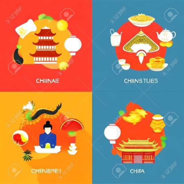Kínai Kulturális kínai kaját hagyomány lapos ikonok illusztráció készlet elszigetelt vektoros illusztráció