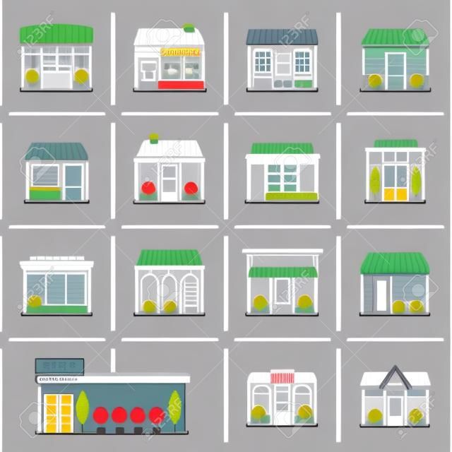 Store winkel zakelijke gebouwen platte lijn pictogram set geïsoleerde vector illustratie