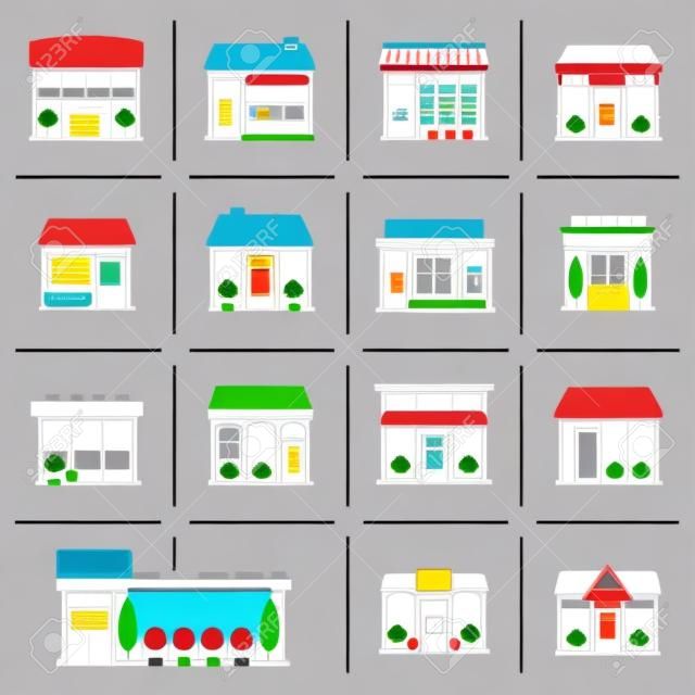 Store shop business buildings flat line icon set isolated vector illustration