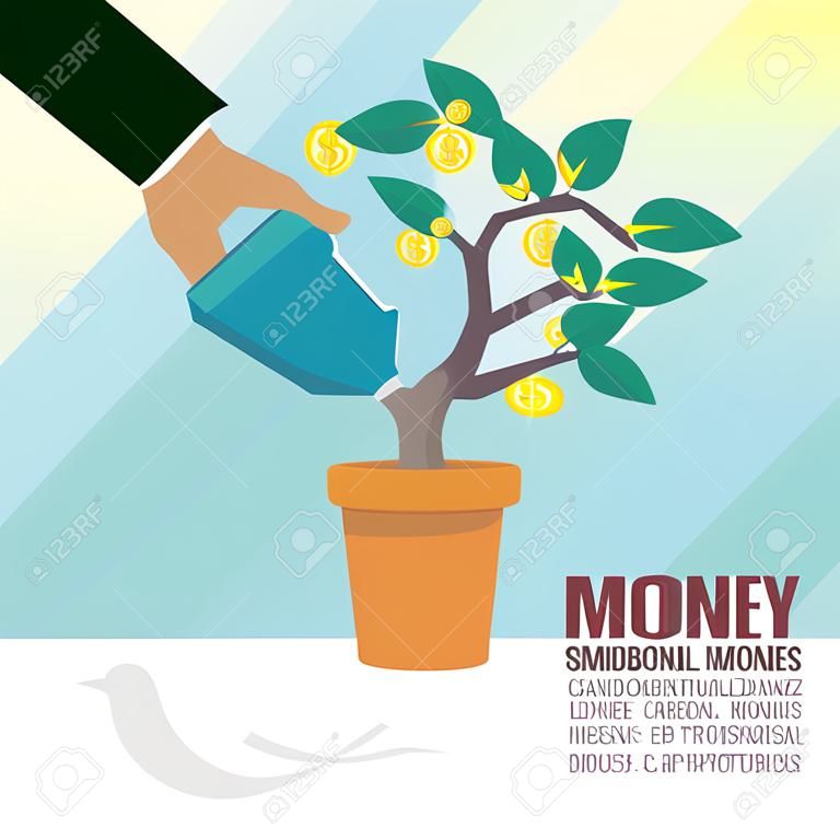 La mano del hombre regando dólar dinero árbol moneda con lata cartel ilustración vectorial