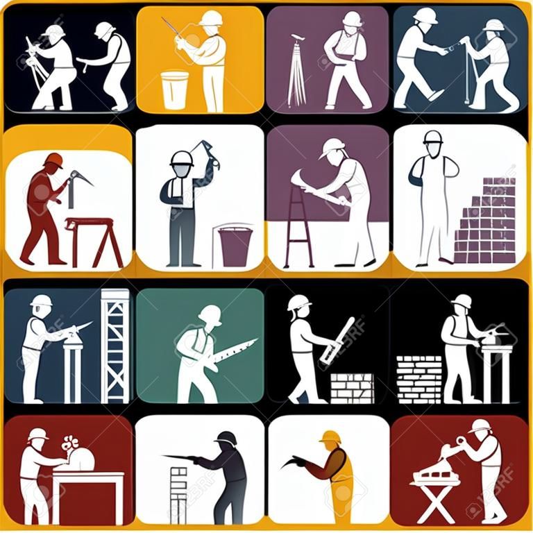 Construction worker repairman mechanic silhouettes icons white set isolated vector illustration