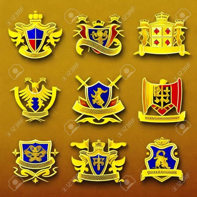 Heraldic royal art symbols decorative emblems golden set with griffin swords and ribbons isolated illustration