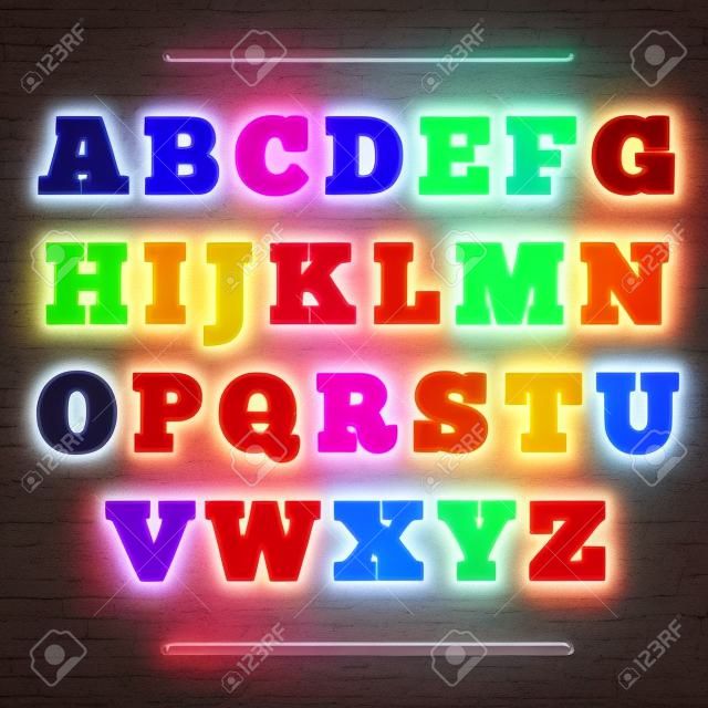 燈光閃耀字母表的字母霓虹復古字體矢量插畫