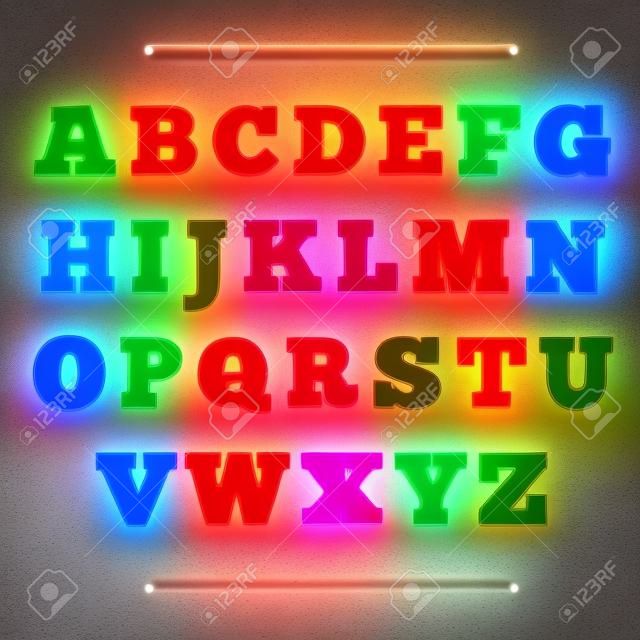 燈光閃耀字母表的字母霓虹復古字體矢量插畫