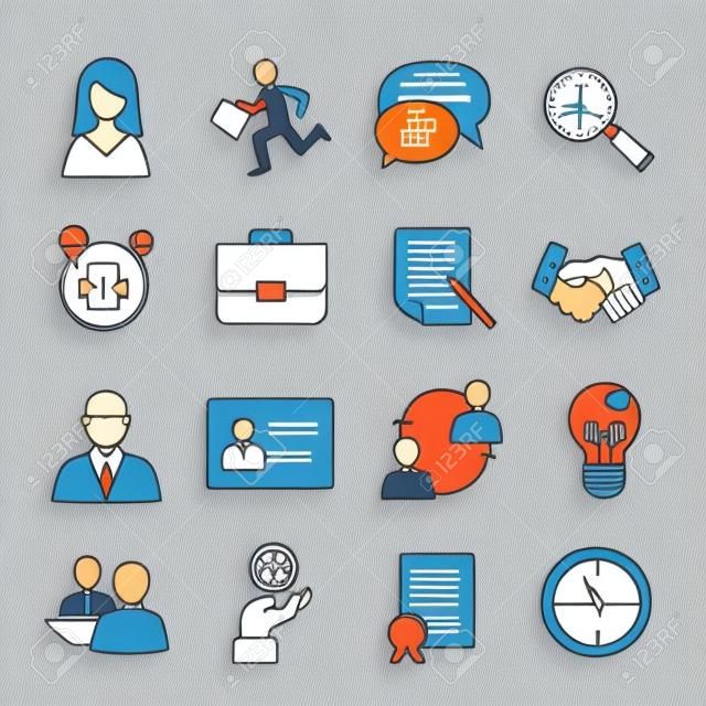 Iconos de colores para entrevistas de trabajo establecidos con aislados empleo asalariado apretón de manos ilustración vectorial