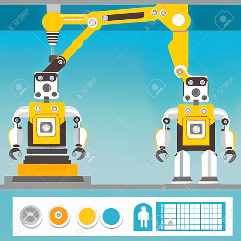 Robot arm mechanische apparatuur montage robots op fabrieksconcept platte vector illustratie
