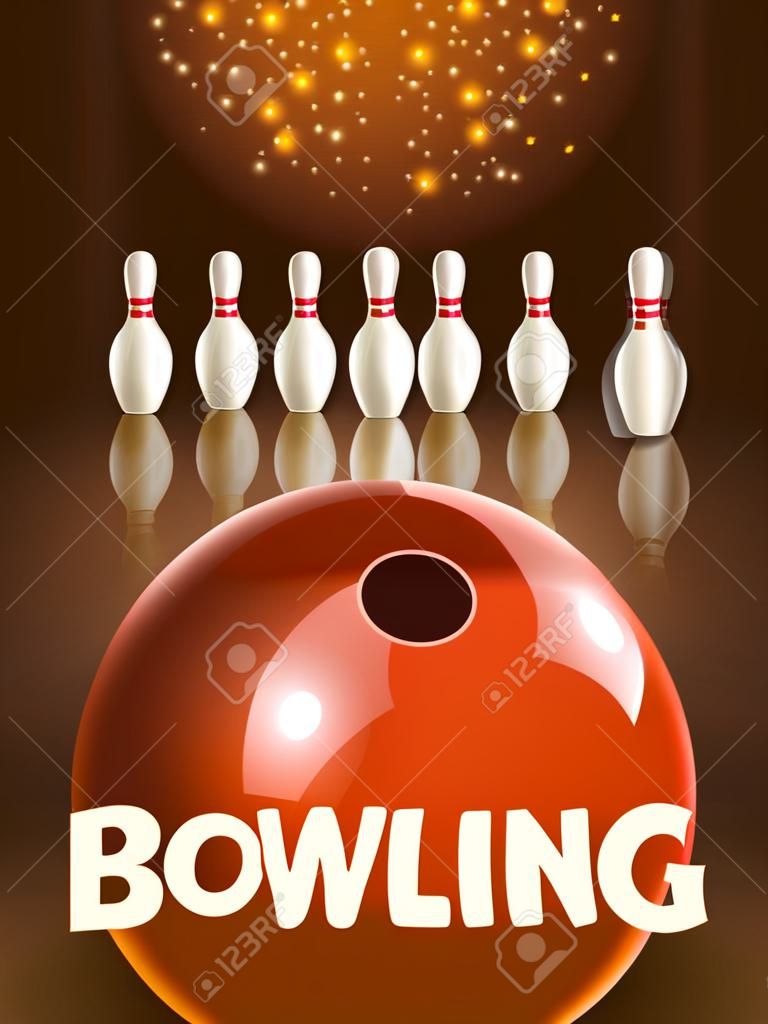 Bowling ball and pins realistic game poster with dark background vector illustration
