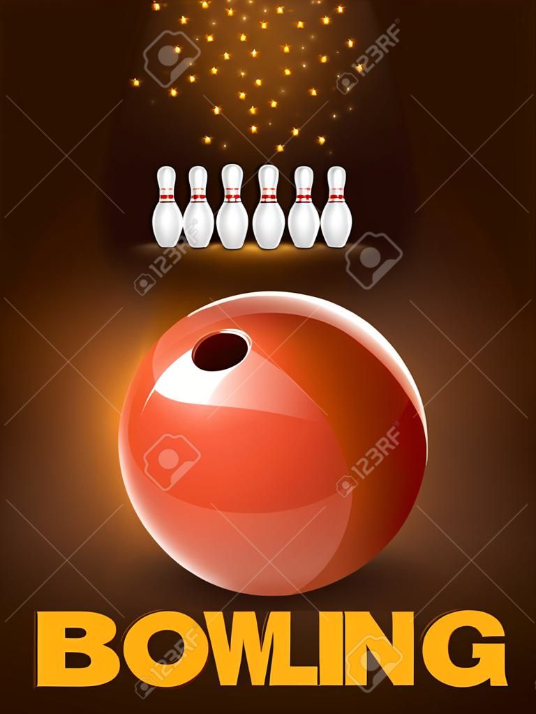 Bowling ball and pins realistic game poster with dark background vector illustration
