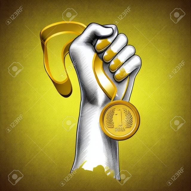 Hand, die goldene Medaille Champion Preisträgerin Belohnung Skizze Vektor-Illustration