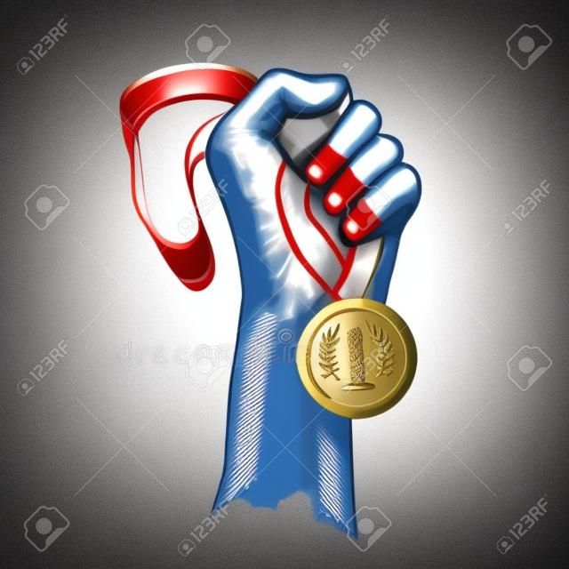 Mão, segurando, medalha de ouro, campeão, prêmio, recompensa, esboço, ilustração vetorial