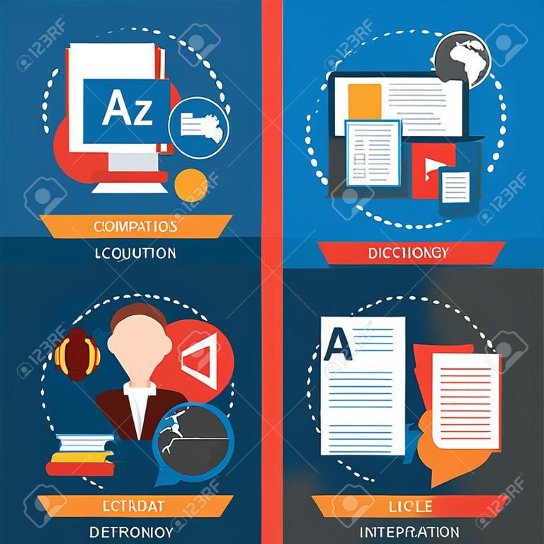 Translation and dictionary foreign language interpretation process elctronic mobile technology four flat icons composition abstract vector illustration