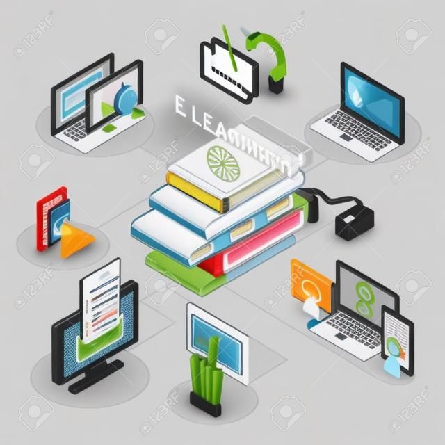 E-learning isometric decorative icons set with laptop tablets and books vector illustration