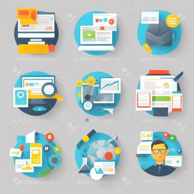 Seo internet marketing flat icon set with display contextual advertising e-mail marketing concepts isolated vector illustration