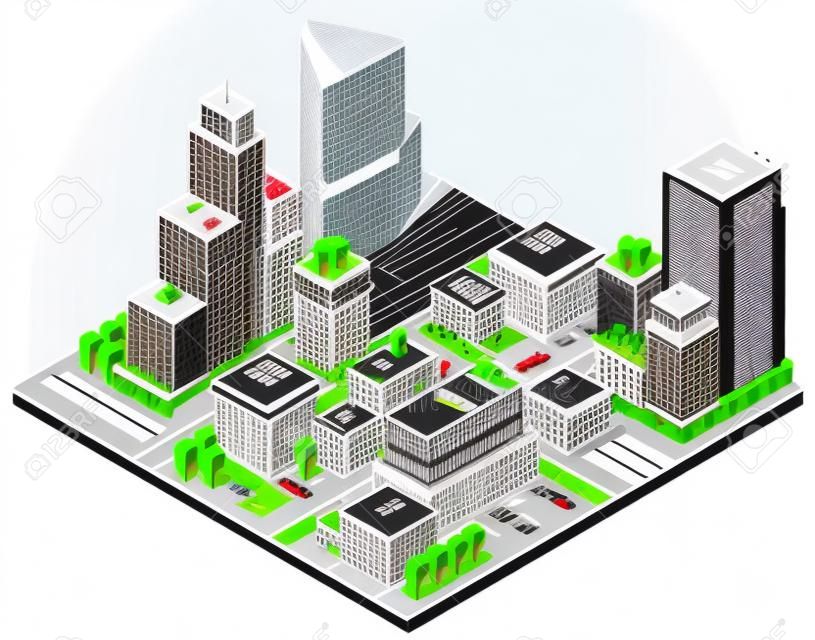 Ciudad concepto con los rascacielos de oficinas isométricos y edificios gubernamentales ilustración vectorial 3d