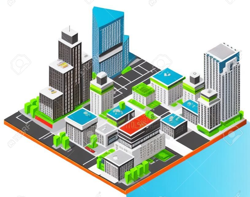 城市中心概念与等距办公摩天楼和政府大楼3D矢量图