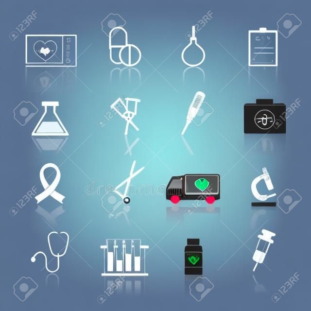 Matériel médical, icône, ensemble noir avec fréquence cardiaque pilule lavement isolée illustration vectorielle