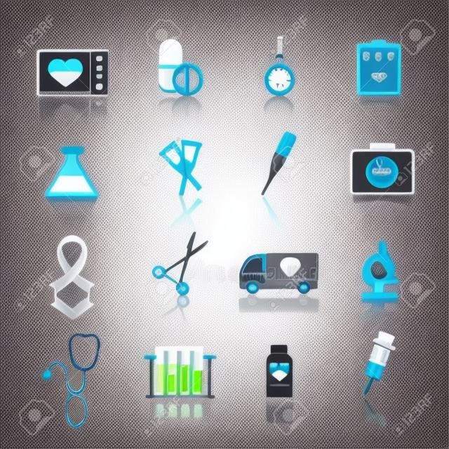 Значок Медицинское оборудование черный комплект с ЧСС таблетки клизмы Отдельные векторные иллюстрации
