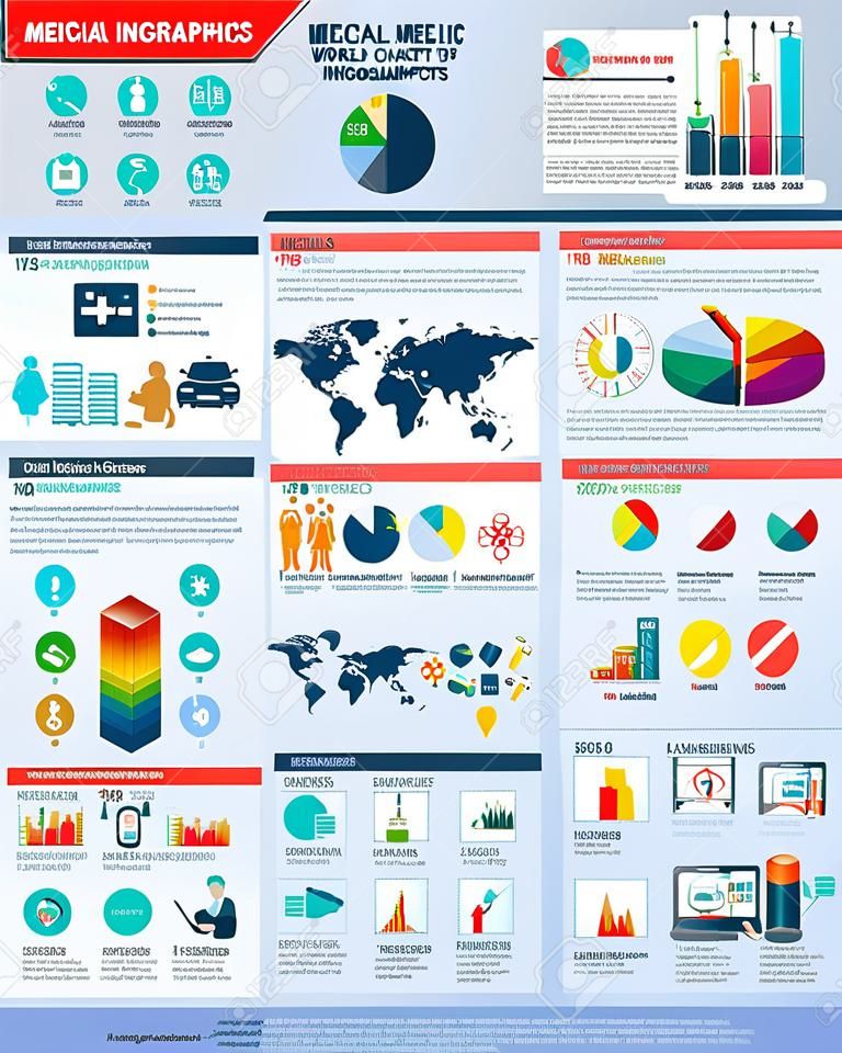 Медицинские инфографики набор с карты карта мира и здравоохранения элементы векторные иллюстрации