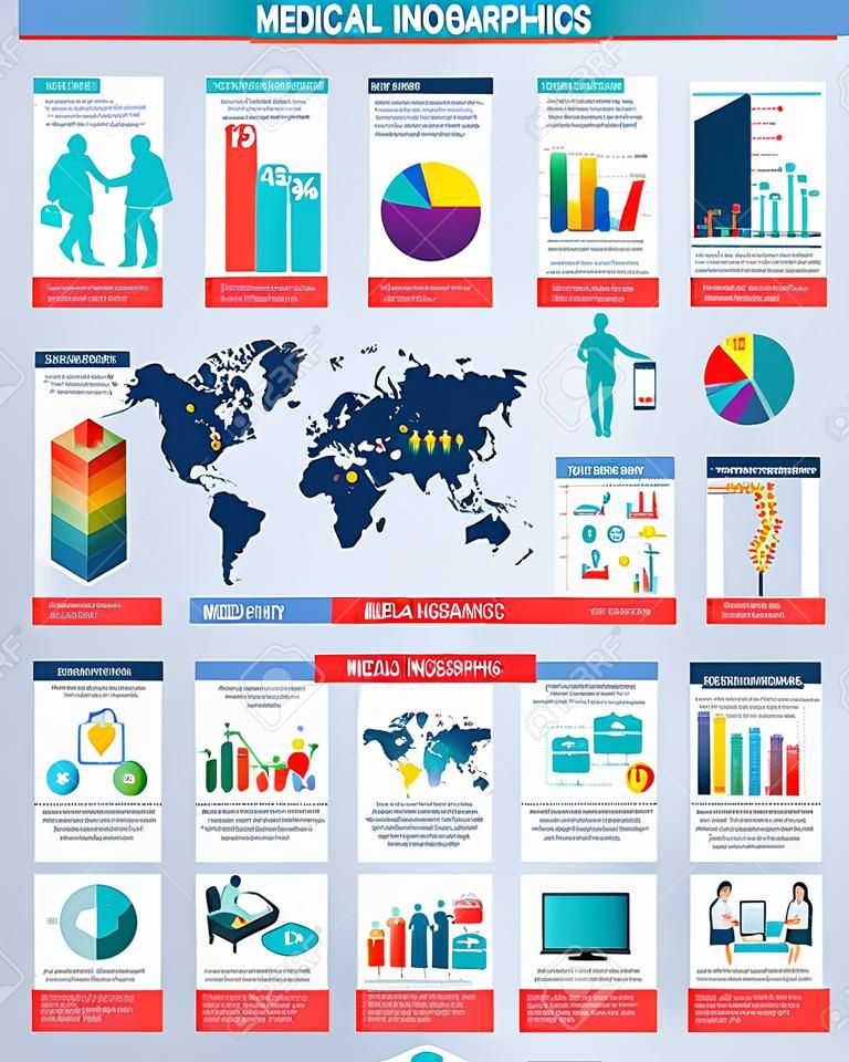 Медицинские инфографики набор с карты карта мира и здравоохранения элементы векторные иллюстрации