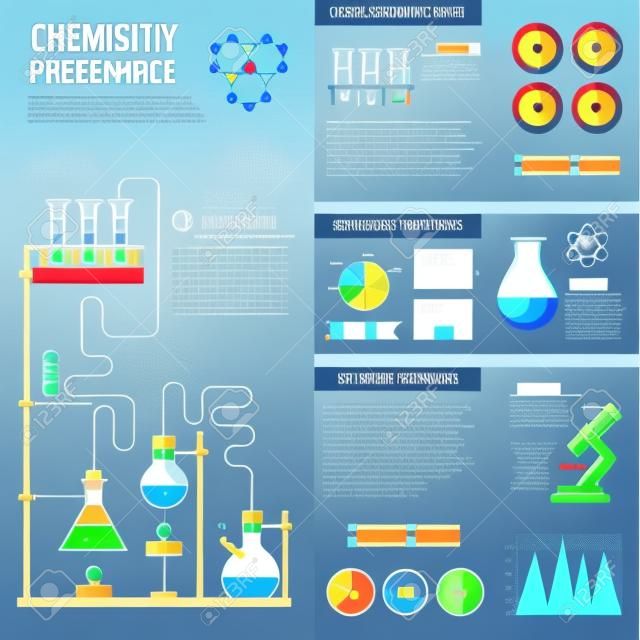 Chemia wynalazki naukowe badania i statystyki postępów technologii Raport infografika z prezentacji struktury atomu symbol wektora ilustracji