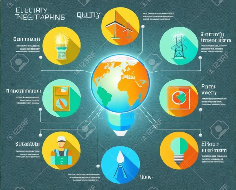 Infografía Electricidad establecen con equipos de generación de energía bombilla eléctrica y la ilustración vectorial transmisión