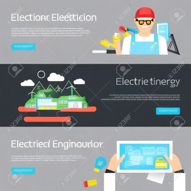Electricity flat horizontal banner set with electrician energy engeneering elements isolated vector illustration