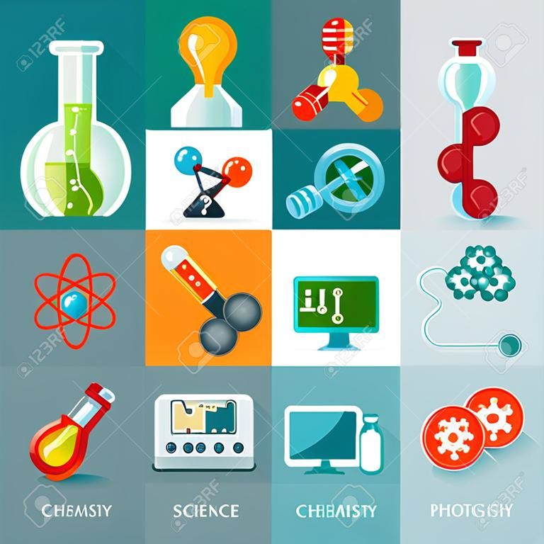 科学的设计理念与化学、生物、物理、数学图标分离矢量插画