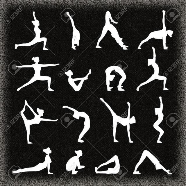 Healthy women in balance harmony poses in yoga icons set black isolated vector illustration