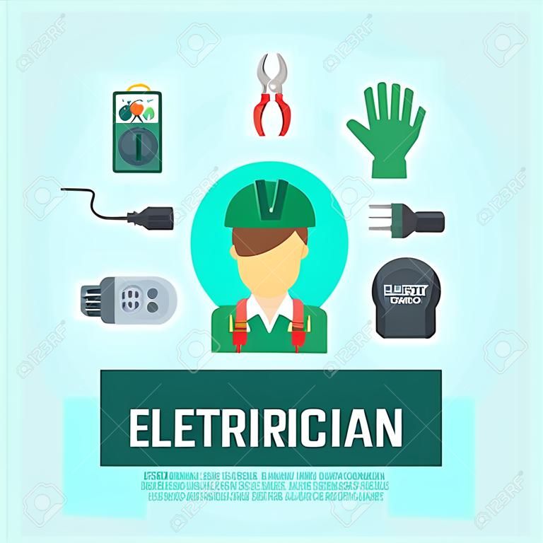 Profesjonalne koncepcja elektryk z narzędzi elektrycznych i płaskie ikony ilustracji wektorowych