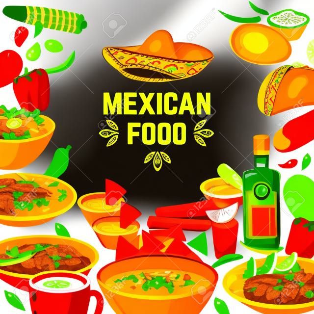 Geleneksel baharatlı yemek ve kara tahta şapka vektör çizim ile Meksika yemekleri arka plan