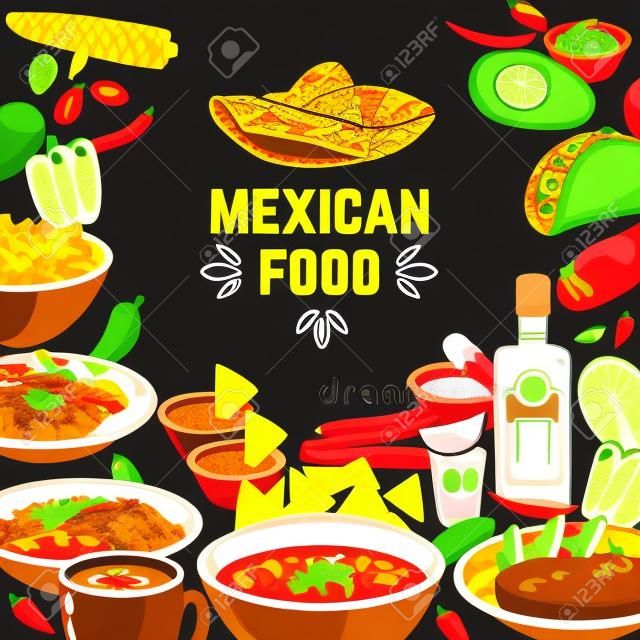 Mexikói ételek háttér hagyományos fűszeres ételek és palatábla kalap vektoros illusztráció