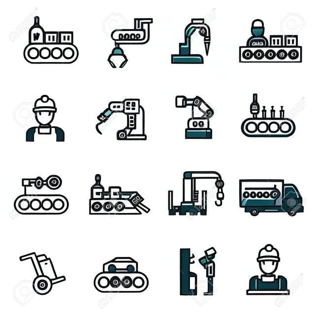 Línea de producción de fabricación de productos y control de calidad iconos negro conjunto aislado ilustración vectorial