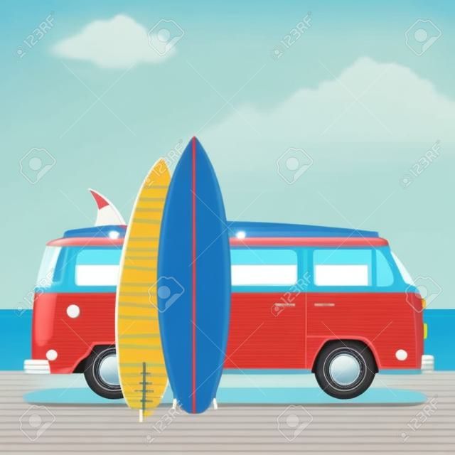 Bus retrò con tavole da surf su sfondo estate mare illustrazione vettoriale