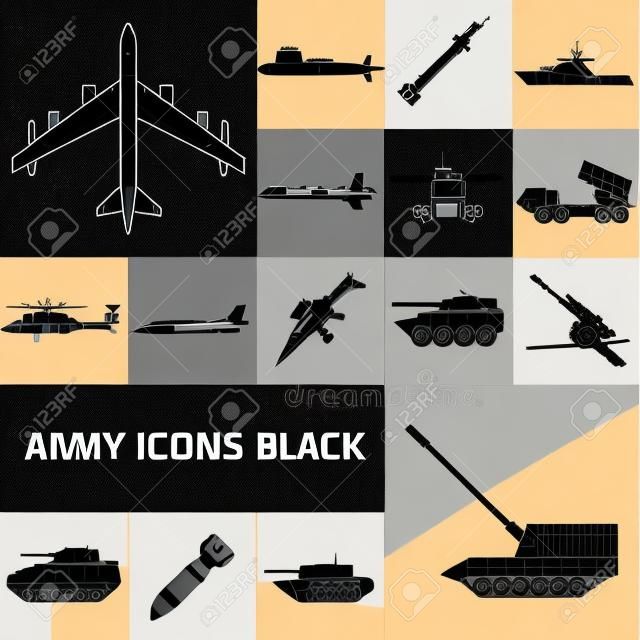 陸軍武器圖標黑設置與噴氣式戰鬥機步槍直升機孤立的矢量插圖