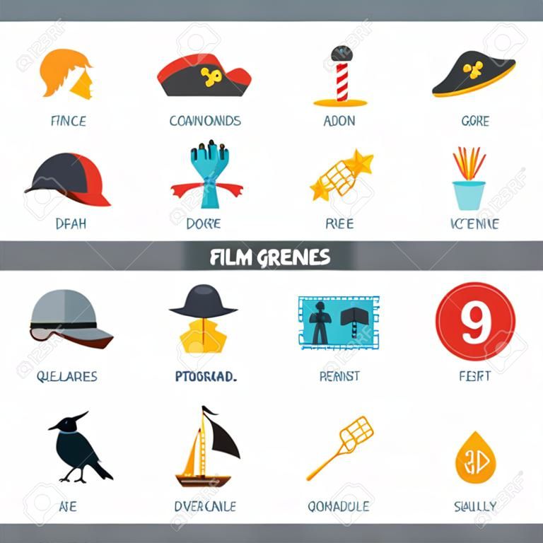Filmgenres Symbol mit Drama Abenteuer Detektiv Piraten isoliert Vektor-Illustration festgelegt