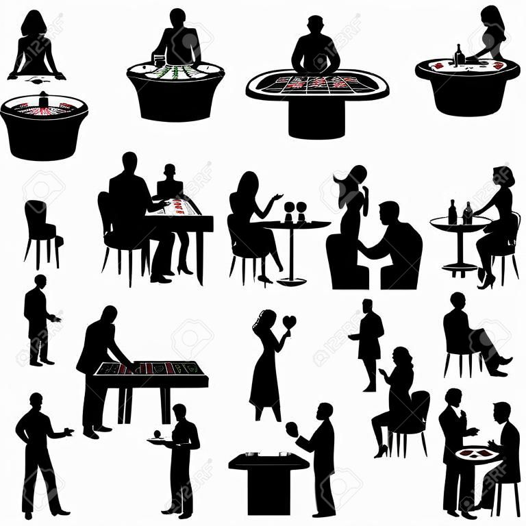 Schwarze Menschen Silhouetten-Glücksspiel im Casino Icons Set isolierten Vektor-Illustration
