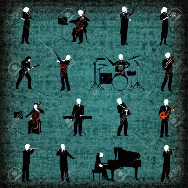 Rock pop et musiciens classiques icônes silhouettes noires set vector illustration isolé