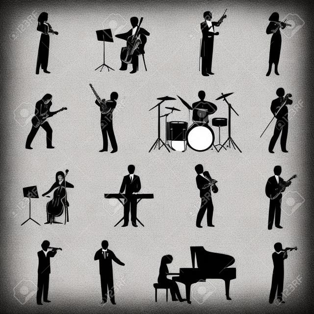 Rock pop et musiciens classiques icônes silhouettes noires set vector illustration isolé