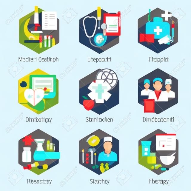 Concepts médicaux établis avec diagnostic de recherche icônes de premiers secours isolé illustration vectorielle
