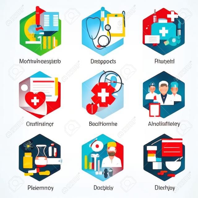 Pojęć medycznych zestaw z badania diagnostyczne pierwszej pomocy samodzielnie ikony ilustracji wektorowych
