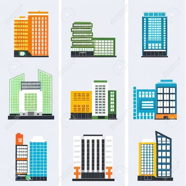 Офисные здания и бизнес-центры квартира набор значков, изолированных векторные иллюстрации