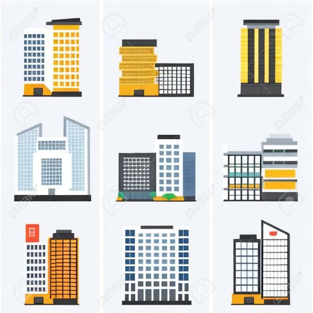 Los edificios de oficinas y centros de negocios iconos planos conjunto aislado ilustración vectorial