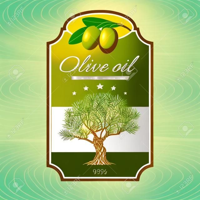最優質的特級初榨橄欖油商標的瓶或可與樹的抽象的矢量插圖標籤