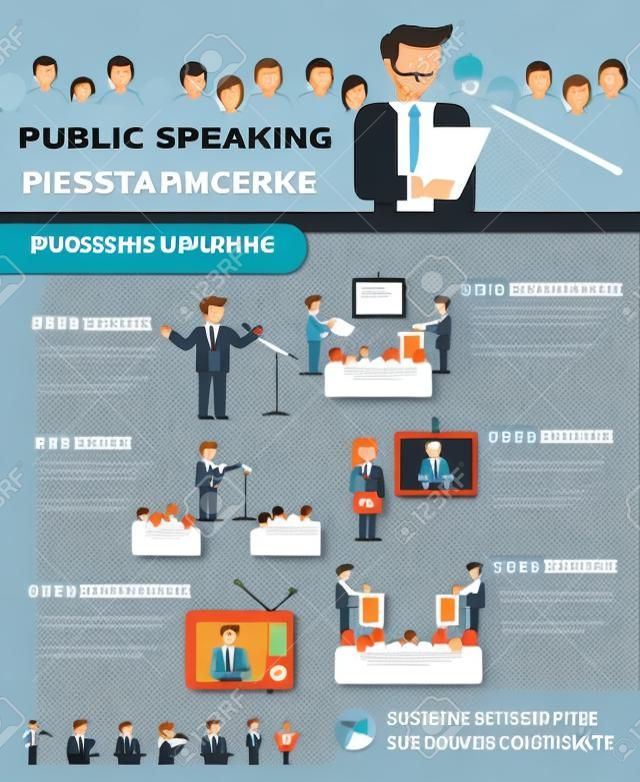 Public speaking infographics set with businessmen and professional speakers vector illustration
