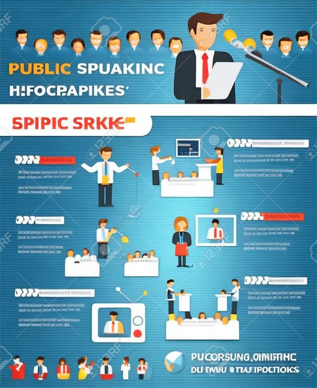 Public speaking infographics set with businessmen and professional speakers vector illustration