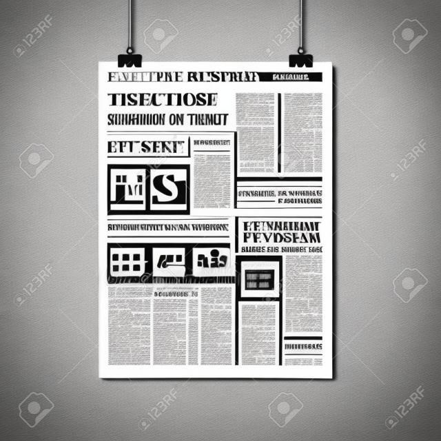 Newspaper sheet hanging on clips black and white minimalistic 3d realistic concept vector illustration
